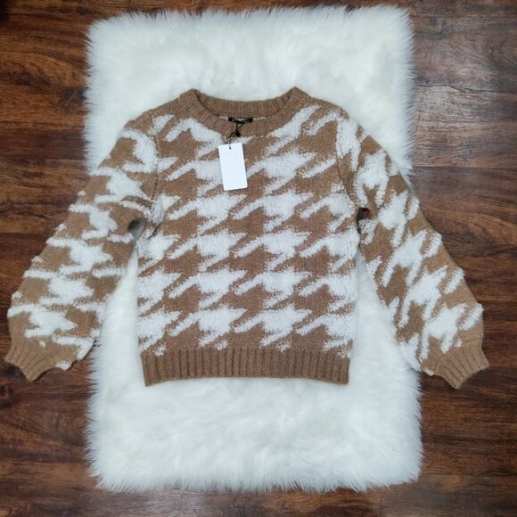 NWT Line & Dot Houndstooth Plush Sweater Pullover Winter Knit Brown Womens XS - Picture 3 of 12